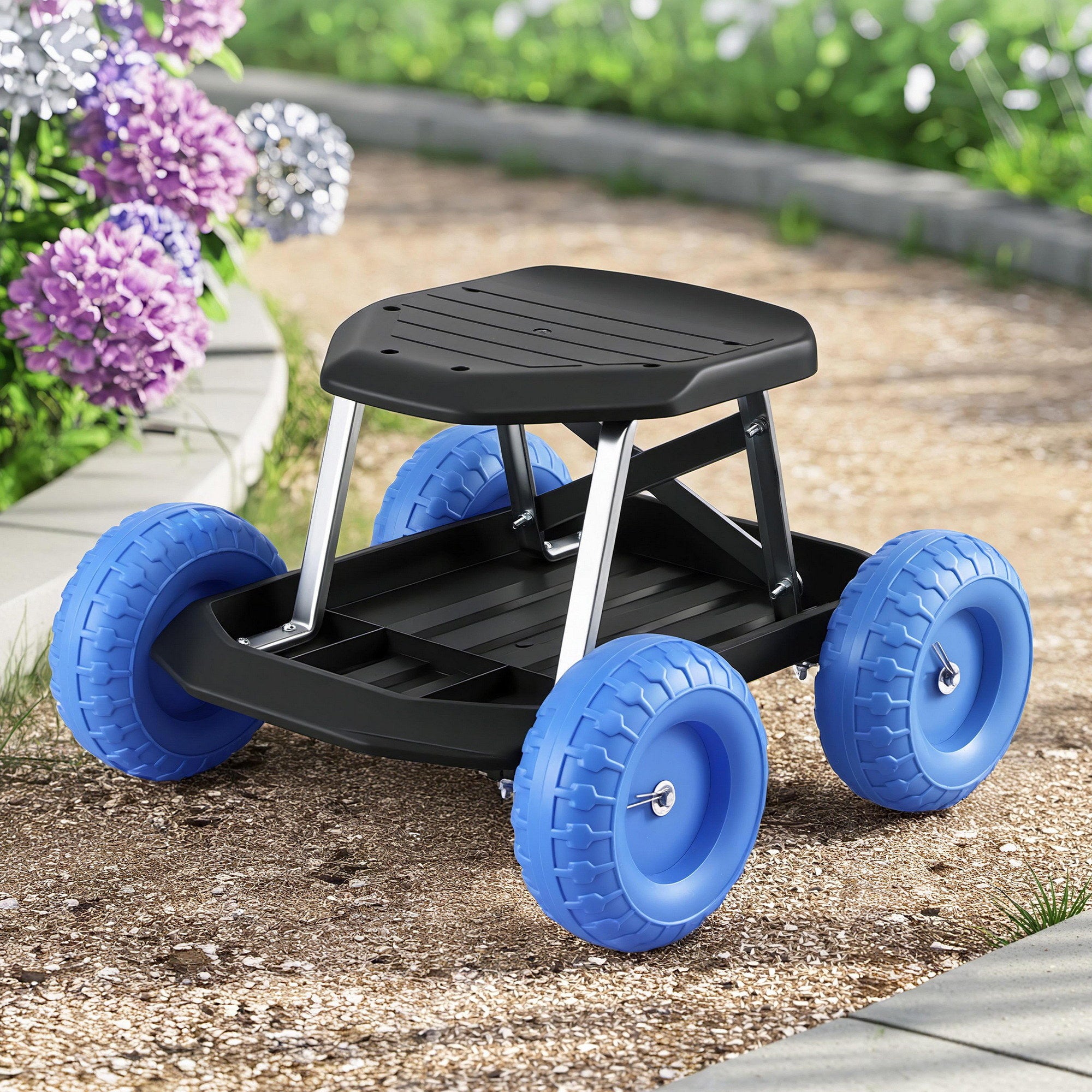 Gardeon Garden Cart Seat with Wheels, Rolling Work Stool with Tool Storage Tray, 440lbs (200kg) Heavy Duty Capacity Garden Stool for Outdoor Yard Work, Car Detailing, and Garage Maintenance, Blue/Black